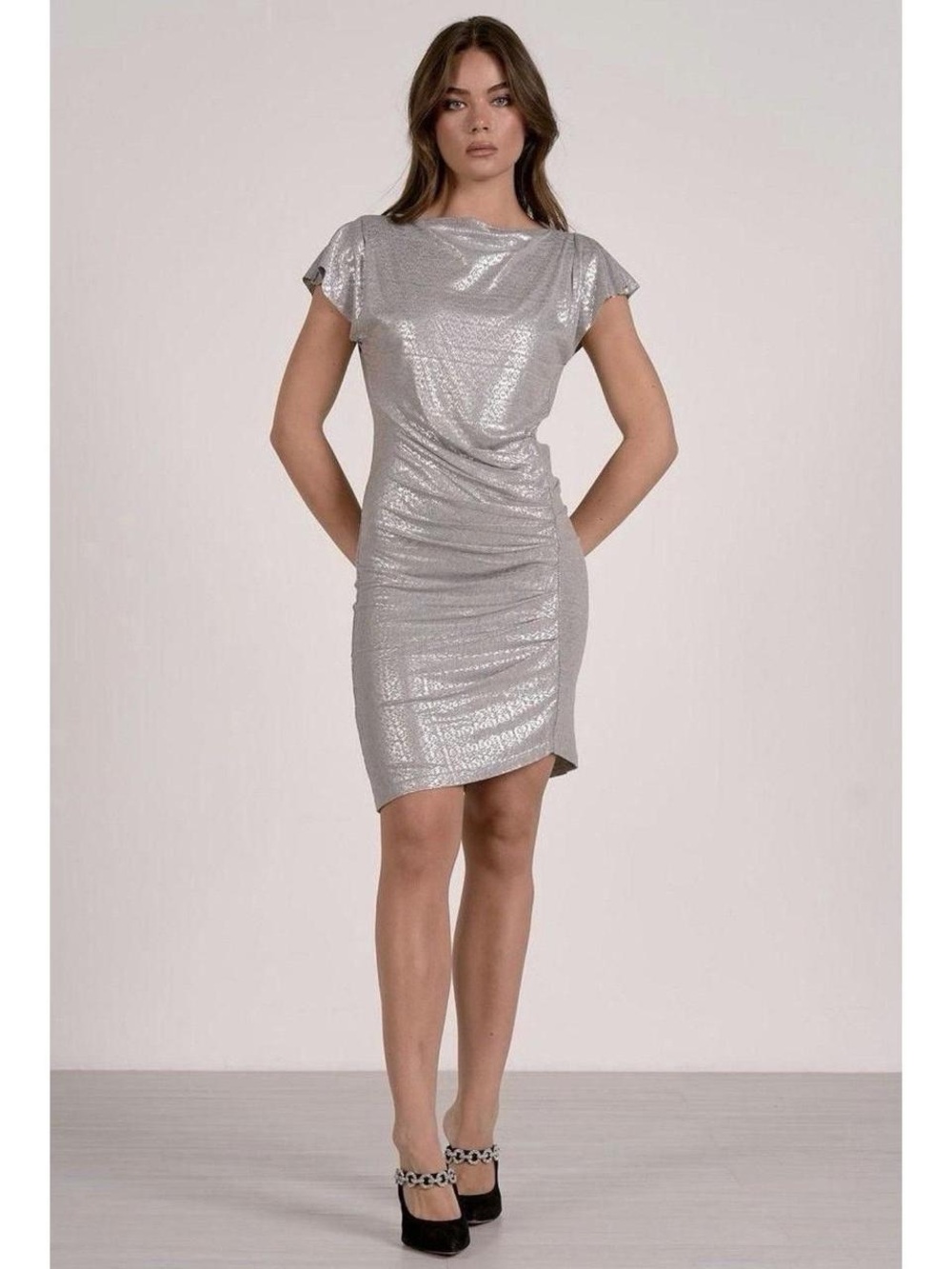 Elan Silver Asymmetrical Metallic Ruched Cocktail Dress